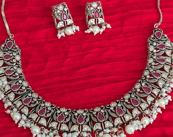 Peacock Choker Necklace, Silver Lookalike Necklace, Indian Kutchi Necklace, Oxidized/German Silver, Tribal Necklace,Bollywood,Temple Jewelry