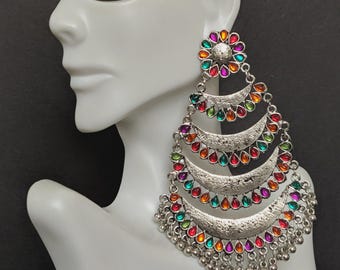 Chandbali em prata oxidada | Brincos de lustre tribal Kuchi | Brincos pendentes em prata alemã | Metal preto | Réplica em prata | Joias afegãs