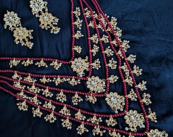 Red Beads Kundan Rani Haar| Panchlada Haar| Long Polki Mala| Indian Bridal Jewelry| Indian Wedding Jewelry| Bridal Pearl Necklace| Bollywood