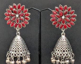Oxidized Silver Stone Jhumkas| Kuchi Tribal Chandelier Earrings| Bohemian | German Silver Jhumkas| Black Metal Jhumka| Flower Jhumki