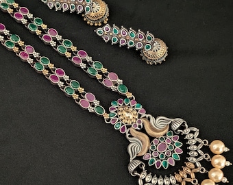 Dual Tone CZ Necklace| Indian German Silver Necklace| Bohemian| Ethnic| Bollywood| Tribal Kuchi Jewelry| Silver Replica| Oxidized Silver