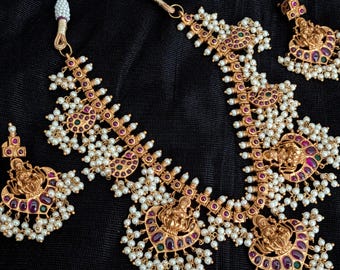 Kemp Lakshmi Devi Guttapusalu Necklace| South Indian Jewelry| Long Haram| Indian Bridal Jewelry| Polki|  Temple Jewelry