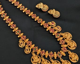 Antique Gold Goddess Lakshmi Haram| Long Kemp Lakshmi Devi Necklace| South Indian Jewelry| Indian Bridal Jewelry| Temple Jewelry| 1 Gm Gold