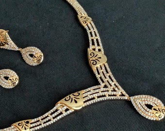 CZ Necklace, Cubic Zircon Necklace Set, Gold Plated Necklace, Bridal Jewelry, Bollywood Jewelry,Statement Necklace, Polki, American Diamond