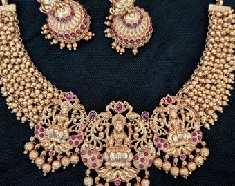 Antique Lakshmi Devi Necklace Set| Kemp Jewelry| South Indian Jewelry| Indian Bridal Jewelry| Polki| Temple Jewelry| Guttapusalu