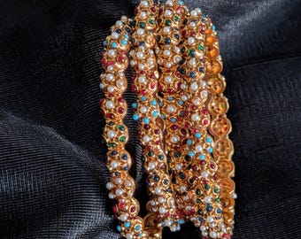 Gold Plated Navratan Bangles| Indian Nauratan Bridal Bangles| Bollywood Jewelry| Wedding Jewelry| Bridal Jewelry|  Indian Polki Kada