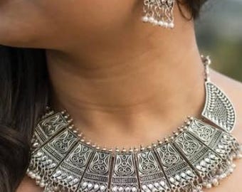 Handmade Oxidized Silver Choker Set| German Silver Kuchi Jewelry| Tribal Jewelry