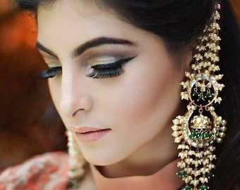 Kundan Chandbali/ Polki Jhumki con Sahare/ Réplica de Sabyasachi/ Pendientes de perlas llamativos/ Bollywood/ Joyería nupcial/ Pendientes nupciales indios