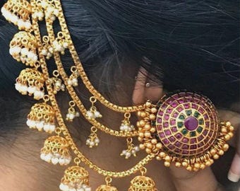 Kemp Gold Stud Earrings With Sahare| Bahubali Jhumka| Jhumki| Indian Bridal Jewelry| American Diamond Earrings| Cubic Zircon Earrings| Polki
