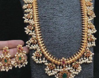 Indian Guttapusalu Necklace| South Indian Jewelry| Haram Gold Necklace| Indian Bridal Jewelry| Bollywood Jewelry| Polki| Kemp Temple Jewelry
