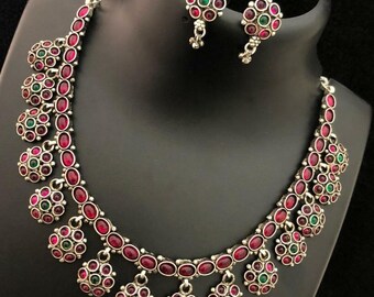 Silver Kemp Choker | Silver Lookalike Necklace| Indian Kuchi Necklace| Oxidized/German Silver| South Indian Jewelry| Temple Jewelry