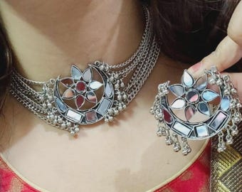 Afghanischer Glaschoker| Kuchi Halskette | Spiegel Bib Halsketten-Set | Neusilber| Afghanischer Schmuck | Bollywood Schmuck | Silber Replik