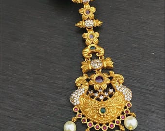 Antique Gold Maang Tikka| AD Headpiece| Matha Patti| Bridal Jewelry| Indian Wedding Jewelry| Cubic Zircon Damini| Bindiya