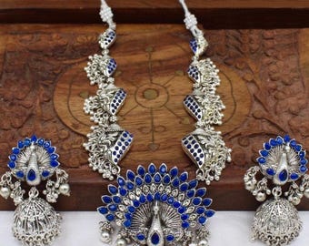 Silver Peacock Necklace| Blue Stones AD Peacock Pendant| South Indian Jewelry| Bridal Jewelry| Bollywood Jewelry| Statement Necklace| Polki
