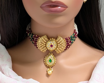 Polki Choker Necklace| Kundan & Pearl Choker Set| Rajwadi Kundan Necklace| Indian Bridal Jewelry| Bollywood| Polki Haar| | Rajasthani Mala