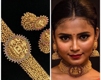 Antique Lakshmi Devi Choker Set| Lakshmi Devi Kemp Necklace| South Indian Jewelry| Indian Bridal Jewelry| Polki| Temple Jewelry| 1 Gram Gold