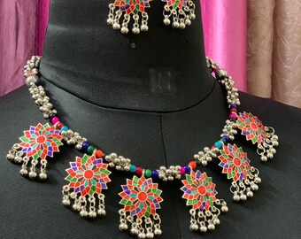 Afghani Enamel Floral Necklace Set| Oxidized Silver Kuchi Necklace| German Silver Kuchi Jewelry| Tribal Jewelry
