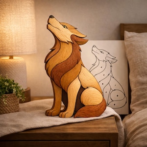 Peut inclure: Sculpture en bois de loup aux tons bruns et beiges, la tête levée. Le loup est assis sur une surface en bois. Un dessin du loup est en arrière-plan.