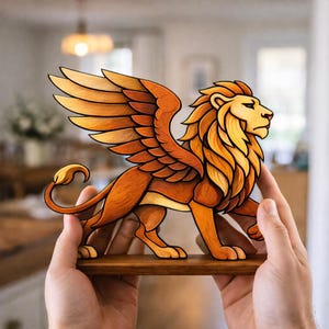 May include: A wooden sculpture of a winged lion, featuring a detailed design with shades of brown, orange, and yellow. The lion is depicted with a flowing mane and large wings, held on a wooden base.
