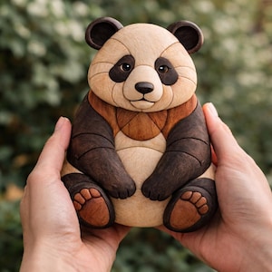 Puede incluir: Figura de oso panda artesanal con cara marrón claro, parches negros en los ojos y extremidades marrones oscuras. El panda se sostiene con las manos, mostrando su detallada construcción en madera y cálida paleta de colores.