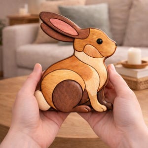 Layered Wooden Rabbit Intarsia Pattern | Scroll Saw Woodworking Decor (PDF Download)