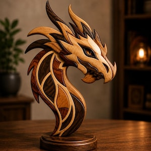 May include: A decorative dragon head sculpture crafted from multiple shades of natural wood, featuring intricate layered segments in light, medium, and dark brown tones. The piece is mounted on a circular wooden base and has a sharp, angular design.