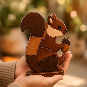 May include: A wooden squirrel figurine holding an acorn. The squirrel is crafted from various shades of brown wood, with a light tan belly and a dark brown tail. The figurine is mounted on a small wooden base, and the overall design is detailed and artistic.