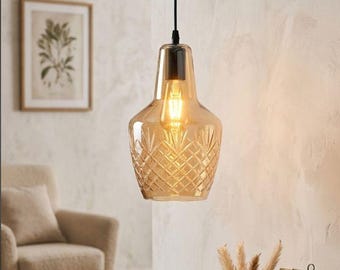 Amber Cut Glass Pendant Lamp | Handmade Hanging Light | Vintage Ceiling Lamp for Bedroom & Dining Room