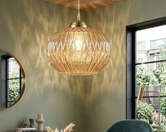 Nowoczesna lampa wisząca ze szkła, lampa sufitowa wisząca, lampa ze szkła żebrowanego w kolorze bursztynu, luksusowe oświetlenie dekoracyjne do domu