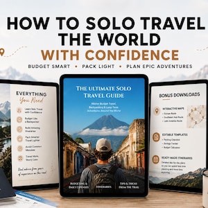 May include: Three tablets display a digital travel guide titled How to Solo Travel the World with Confidence. The screens show text about budget travel, packing, and itineraries, alongside a passport, a boarding pass, and a mug labelled Adventure Awaits.