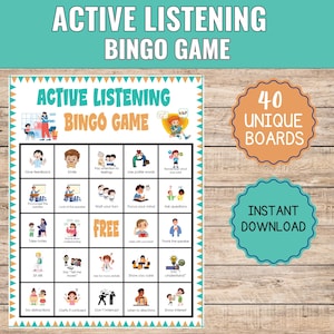 May include: An "Active Listening Bingo Game" printable with 40 unique boards. The game features illustrations and phrases like "Give feedback," "Smile," and "Ask questions." The words "Instant Download" are also visible.