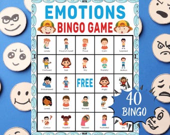 Jeu de bingo sur les émotions | Bingo imprimable Feelings pour les enfants, la classe, l'école à la maison, les activités SEL et l'apprentissage en famille en s'amusant