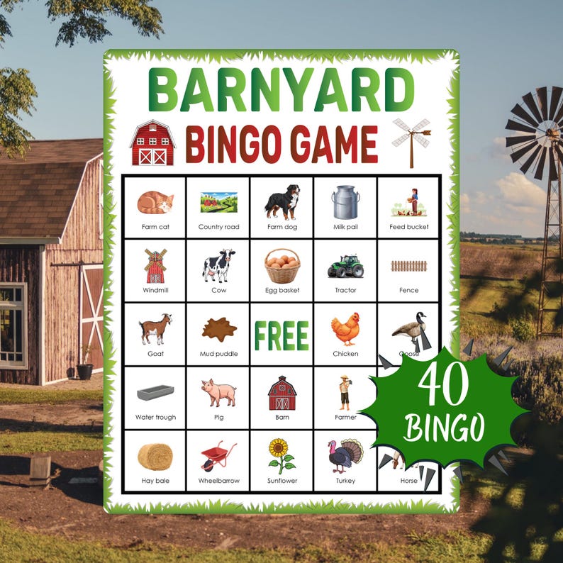 Barnyard Bingo Game Printable Farm Animals Activity for Kids Classroom ...