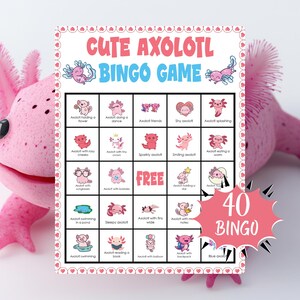 Może przedstawiać: Kolorowa karta do gry w bingo z ilustracjami aksolotli. Karta ma różowo-białą obwódkę z napisem "CUTE AXOLOTL BINGO GAME" u góry. Karta do bingo ma 25 kwadratów z rysunkami aksolotli i liczbą "40" w rozbłysku.