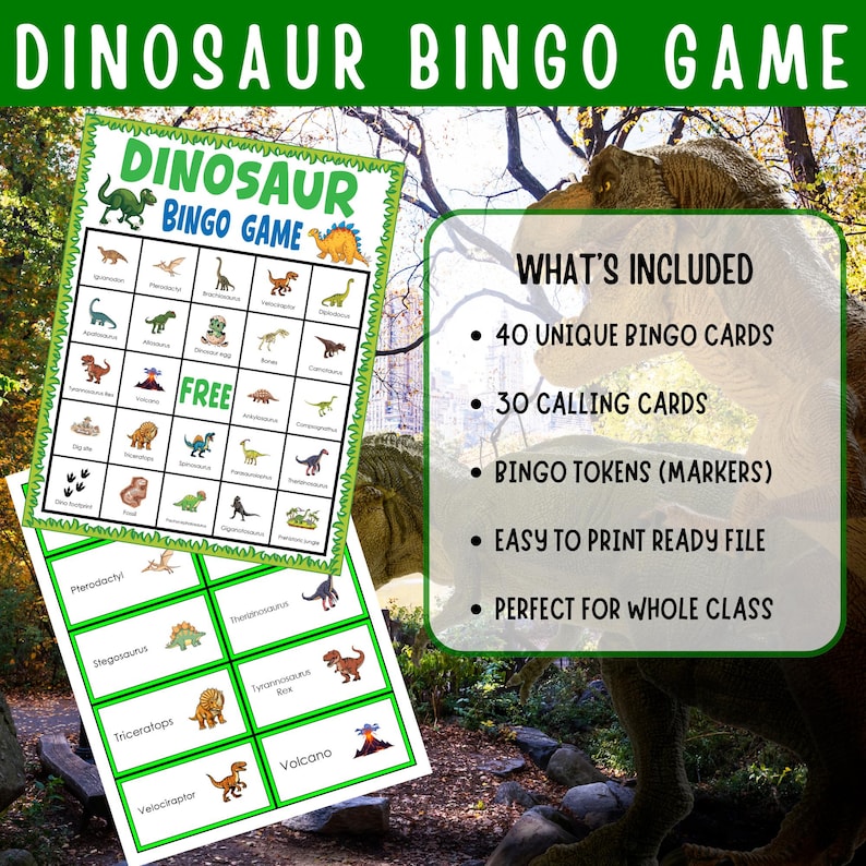Dinosaur Bingo Game Printable Kids Dinos Learning Activity Classroom ...