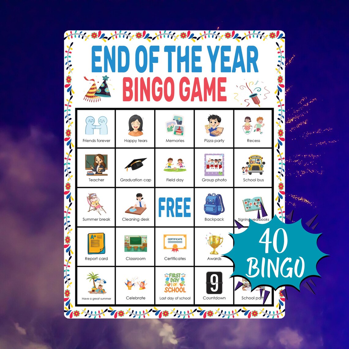 End of the Year Bingo Game Printable School Activity for Kids Classroom ...