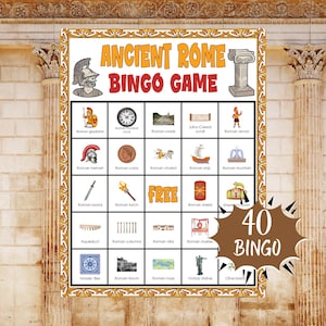 Pode incluir: Um tabuleiro de jogo de Bingo da Roma Antiga colorido com ilustrações de gladiadores romanos, moedas e muito mais. O tabuleiro do jogo apresenta o texto "Ancient Rome Bingo Game" e "40 Bingo". O tabuleiro é emoldurado com uma borda dourada.