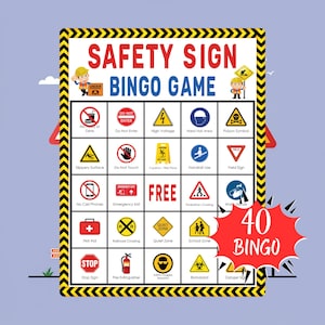 May include: A colorful bingo game board featuring safety signs. The game board includes various safety symbols and text such as "High Voltage", "Emergency Exit", and "Biohazard". The words "SAFETY SIGN BINGO GAME" are at the top.