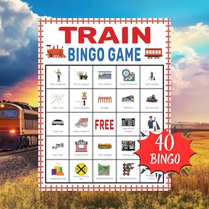 May include: A colourful "Train Bingo Game" board featuring illustrations of trains and railway-related items. The game board includes the text "Train Bingo Game" and "40 Bingo". The background shows a train on tracks.