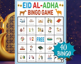 Juego de bingo de Eid al-Adha imprimible. Actividad islámica para niños. Ideal para el aula, la escuela y la celebración del Eid. ¡Diversión garantizada!