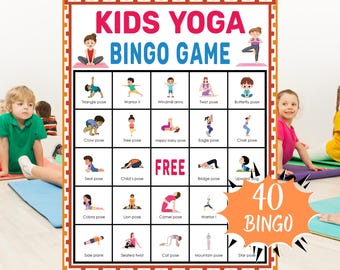 Könnte beinhalten: Ein farbenfrohes Kids Yoga Bingo Game Board mit Illustrationen von Yoga-Posen. Das Board zeigt den Text "KIDS YOGA BINGO GAME" und "FREE" in der Mitte. Das Spiel enthält 40 Bingokarten und ist für Kinder konzipiert.