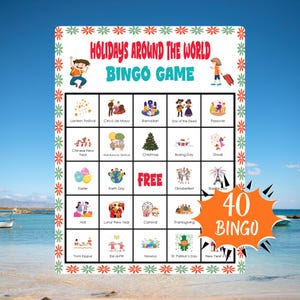 May include: A colorful bingo game board titled "Holidays Around the World." The board features illustrations representing various holidays, including Christmas, Easter, and Diwali. The game includes 40 bingo cards and is set against a beach backdrop.