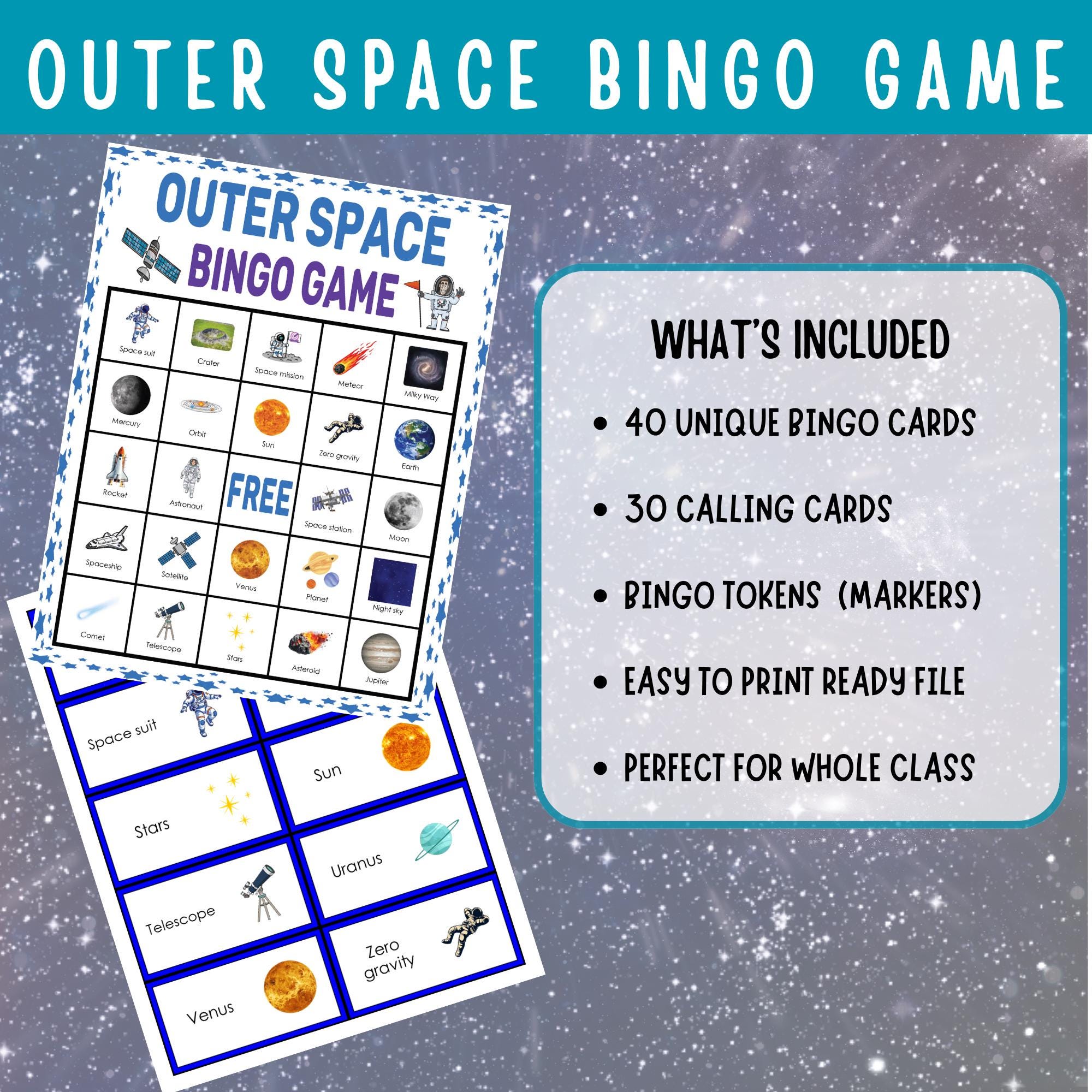 Outer Space Bingo Game Printable Astronomy Activity for Kids Classroom ...