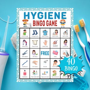 Puede incluir: Una colorida tarjeta de "Juego de Bingo de Higiene" con ilustraciones de prácticas de higiene. La tarjeta incluye el texto "Juego de Bingo de Higiene" y "40 Bingo". El fondo es azul, y hay cepillos de dientes y un cepillo de dientes eléctrico en la imagen.