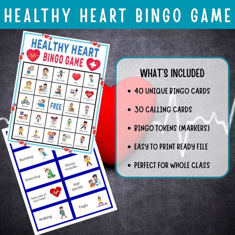 Healthy Heart Bingo Game Printable Health and Wellness Activity for ...