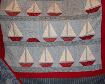 Sailboats Regatta in Red White and Blue Patchwork Quilt