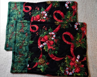 2 Candy Canes and Holly Reversable  Quilted Mug Rugs