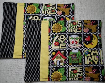 Black, Yellow and White Friend, Love and Family Quilted (2) Mug Rugs