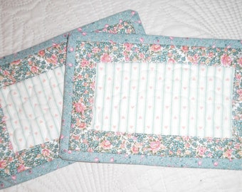 Hearts and flowers  in pink and greens mug rugs (set of 2)