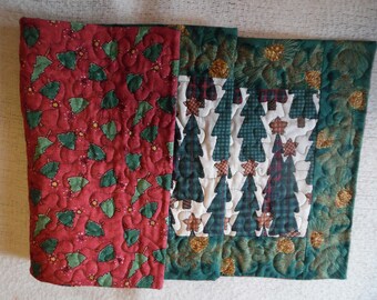 Rustic Quilted Table Runner with plaid Trees , Pine and Pinecones; Reversible